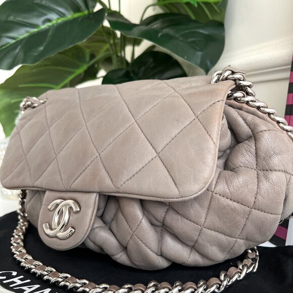 Authentic Chanel Quilted Large Chain Flap Taupe Crossbody Gray-Beige ClutchB0649 - Picture 7 of 16